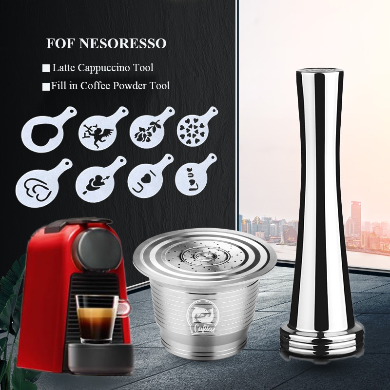Rostfritt stål för nespresso kaffefilter återanvändbar kapsel metall sabotage kaffesked med klämma 8 st latte typ kaffe verktyg