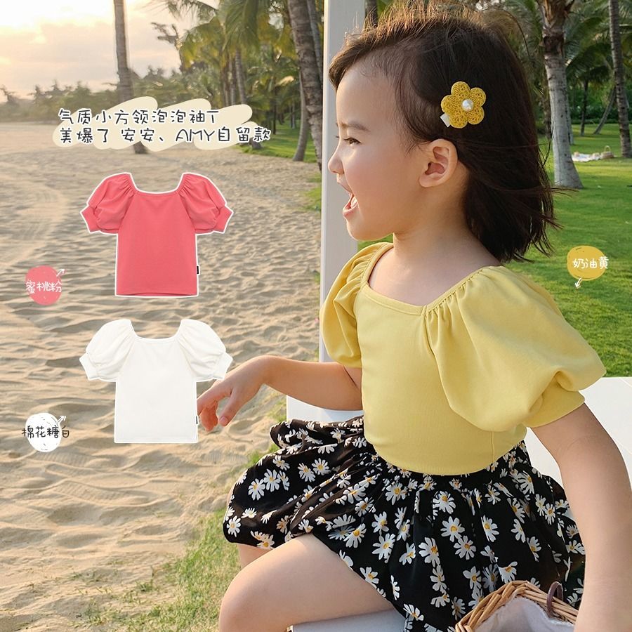Meisjes Kinderkleding Vierkante Hals Puff Mouwen T-shirt Zomer Dunne Baby Losse Top P6232