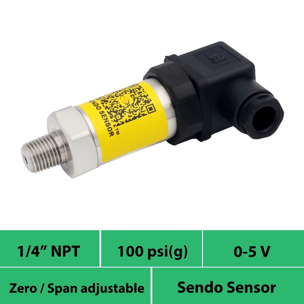 pressure sensor transmitter 0 to 5V, pressure 100psi gauge, 12 to 30 vdc, 24v supply, 1/4 in npt male connection, cost effective