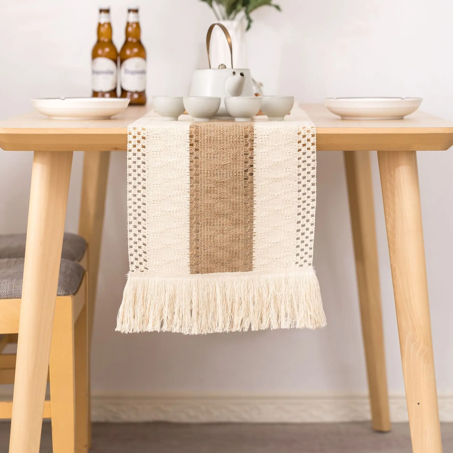 Handgewebter Jute-Tischläufer aus Naturleinen mit Quasten, rustikale Landhochzeit, Geburtstag, Weihnachtsdekoration für Zuhause, Tischdecke: 35*180cm / WHITE