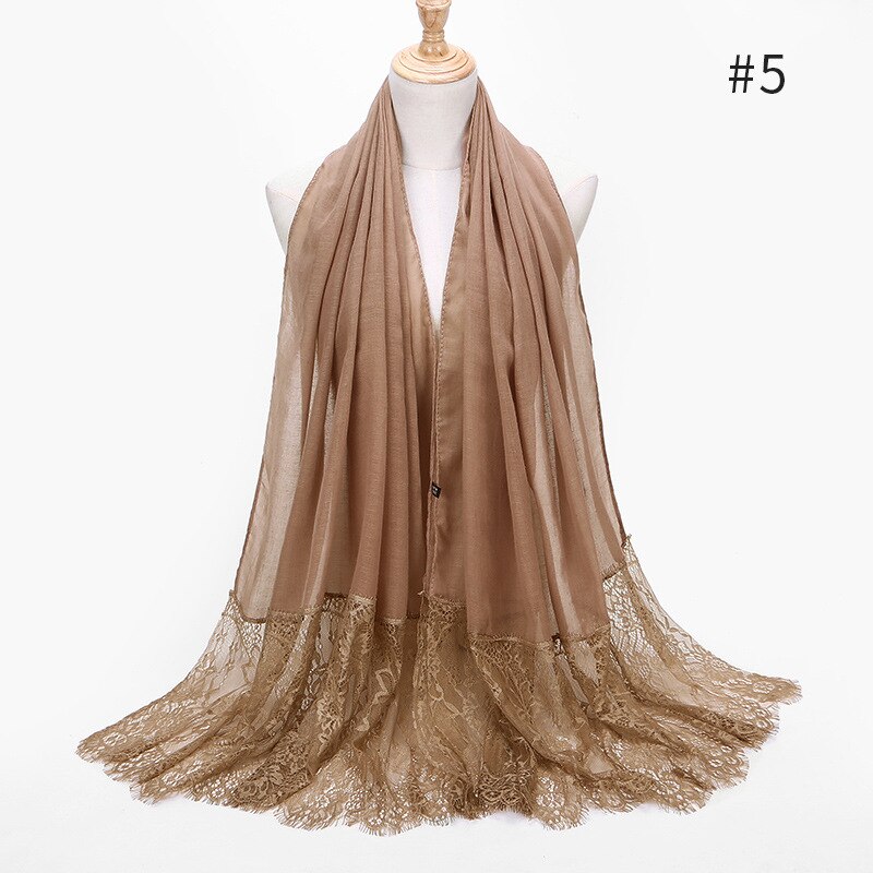 Longue dentelle populaire bords écharpe Hijab femme plaine Maxi châle enveloppement fleur dentelle florale Foulard Viscose coton musulman écharpe Hijabs: 5 khaki