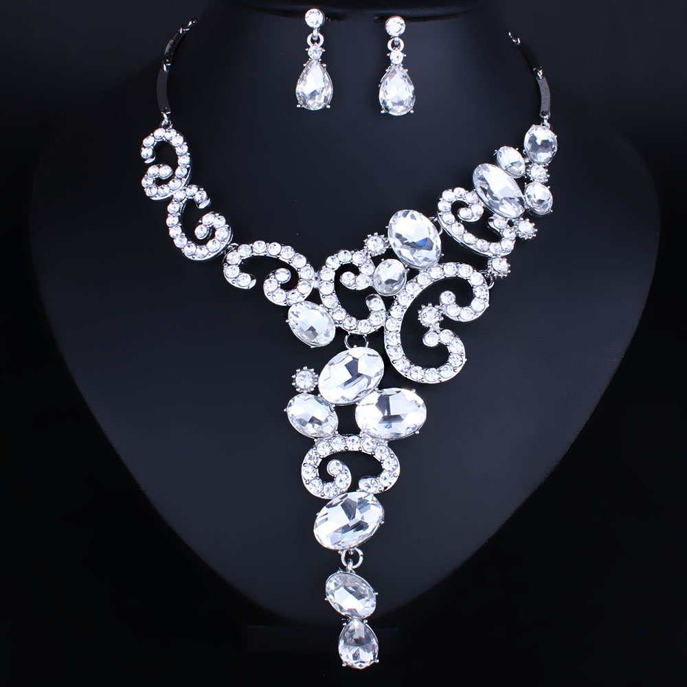 Jewelry Silver plated Crystal Rhinestones Necklace and Earrings set Women Bridal Wedding Jewelry sets: CN043W