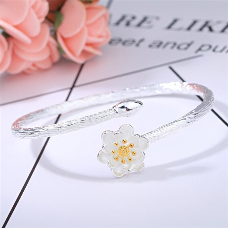 Sole Memory Lotus Cute Fresh Sweet Art 925 Sterling Silver Female Resizable Bangles SBR164