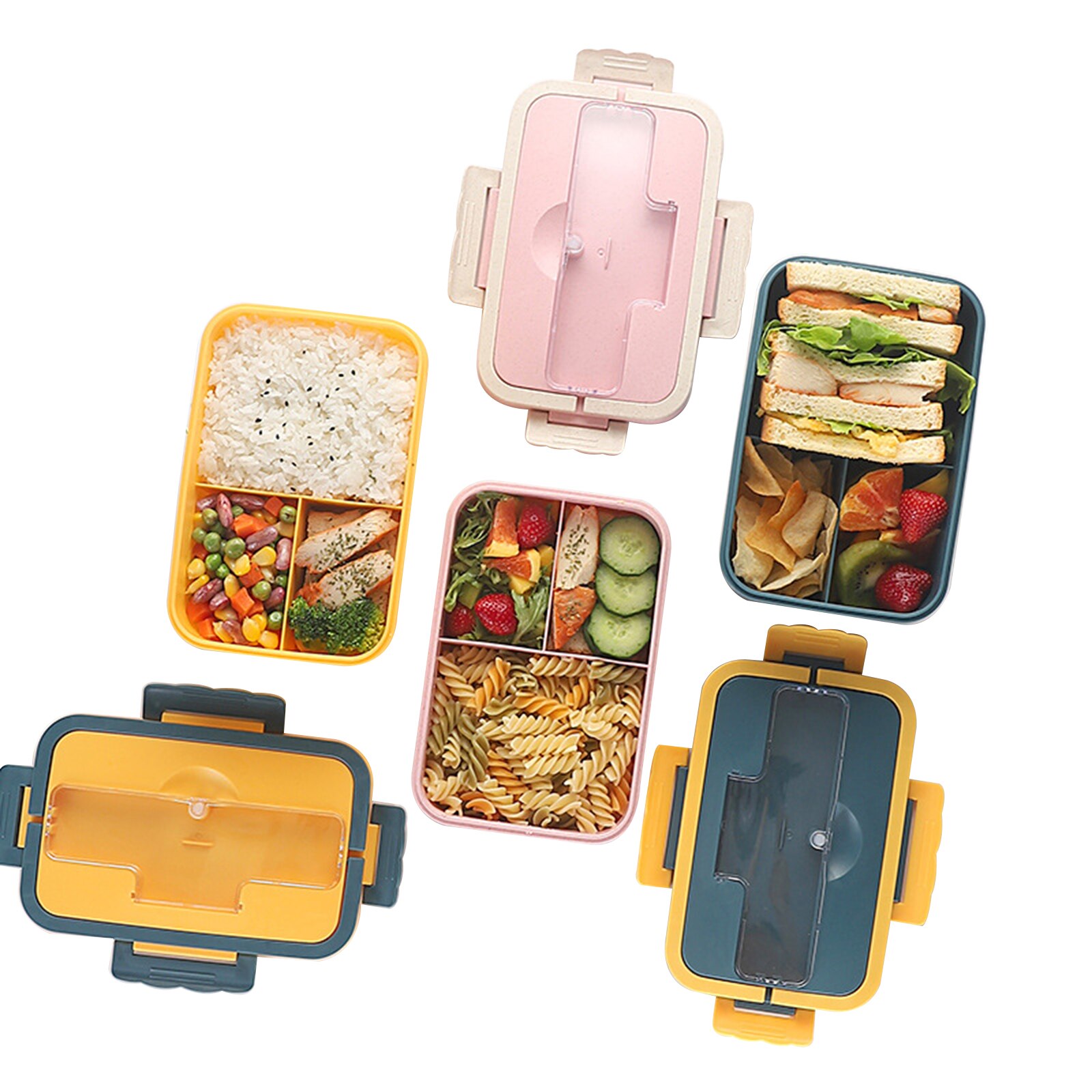 Plastic Bento Dozen 1000 Ml Lekvrije Lunch Containers Met 3 Compartimenten Tarwe/Rvs Bestek Volwassenen Kids lunchbox