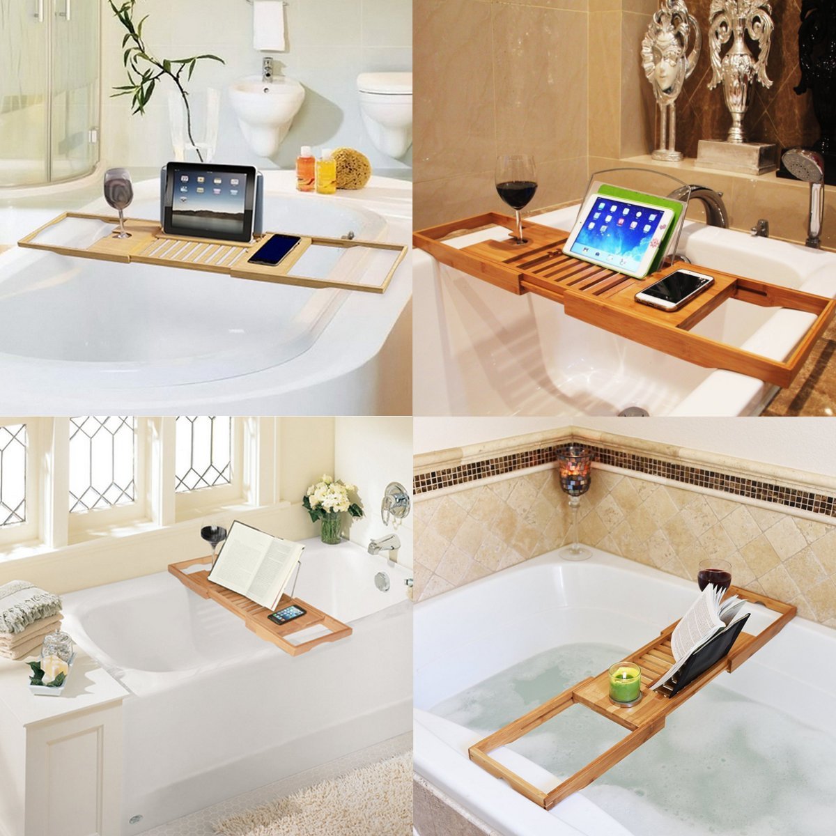 Naturlig bambus træ badekar caddy bakke med skinner ideel bruser arrangør rack til badeværelse