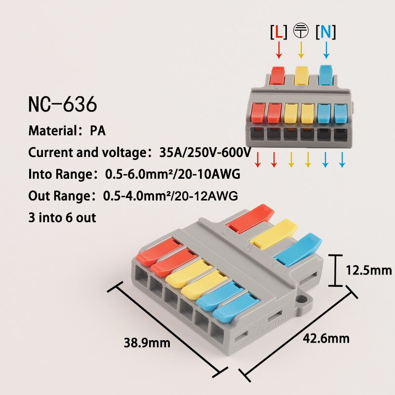 Séparateur électrique rapide-connecteur de fil SPL à insertion universelle bornier de fils de câblage de 0, 5 à 6 mm2/sortie de 0.5 à 4 mm2: NC-636 / 5 PCS