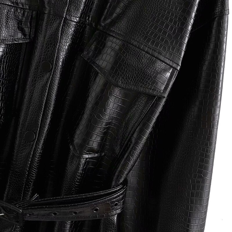 Kobiety nowe mody retro tekstura skóry krokodyla pas PU sztucznej skóry odzież kobiet lokomotywa długi jednorzędowy kurtka