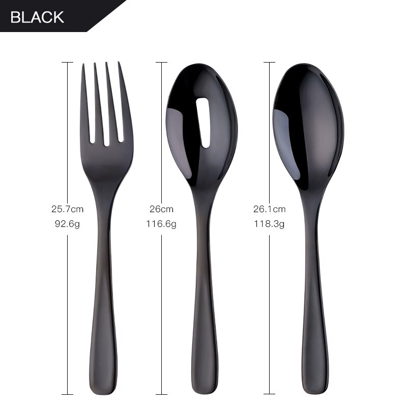Kitchen 304 Stainless Steel Spoon Set Large Salad Dinner Serving Spoons Server Metal Fork Spoon Cutlery Set Steel Utensils: Black