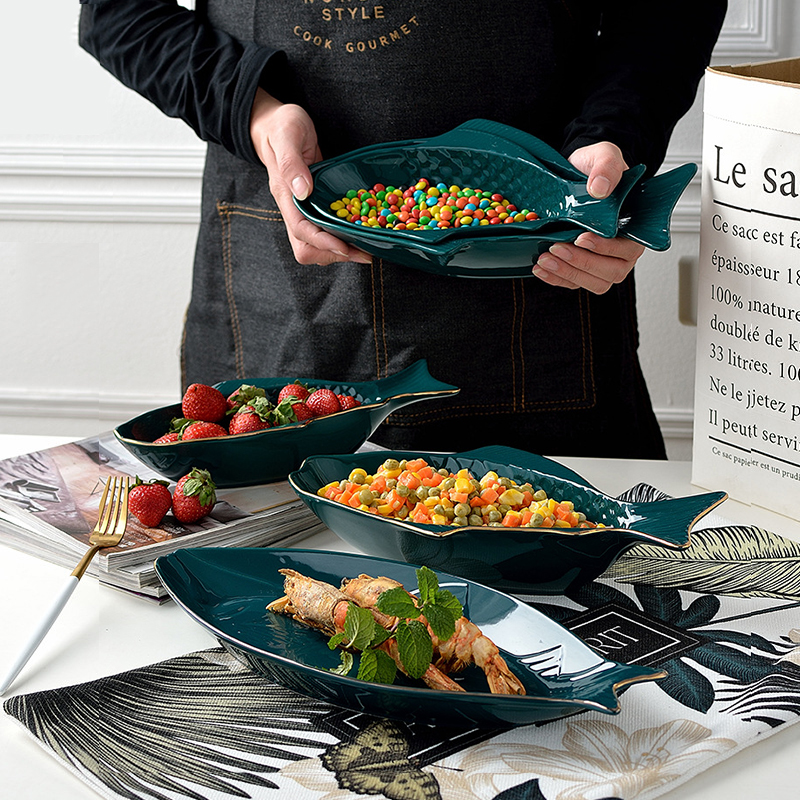Keramik med guldkant mørkegrøn fiskeplade skål nordisk hjem frugt skål fad plade husholdningsrestaurant