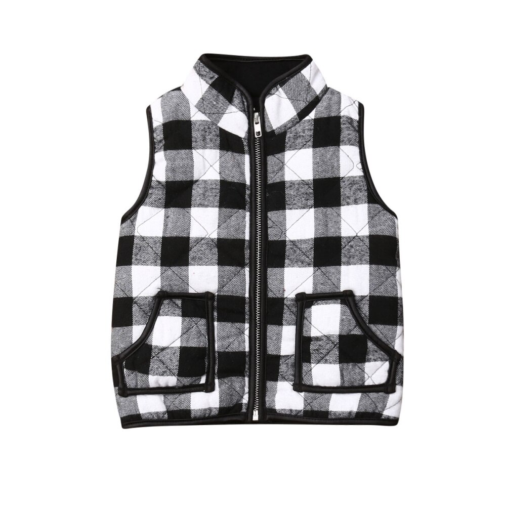 Moda Bambino Del Bambino Dei Bambini Del Bambino Vestiti Della Ragazza Senza Maniche Plaid della Chiusura Lampo del Rivestimento del Cappotto del Panciotto Autunno Inverno Outwear Magliette e camicette Outfits 1-6T: Black / 2T