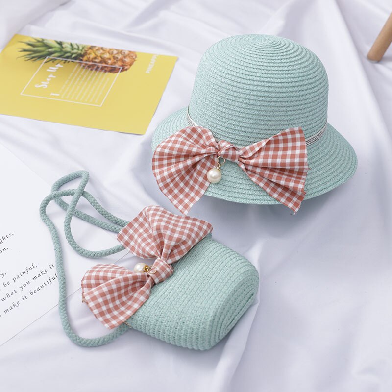 Sombrero de paja de princesa con flores para bebé, sombrero de paja con bolsa de mano, visera de Sol para niño y niña, protección UV, Sombrero de Panamá con lazo