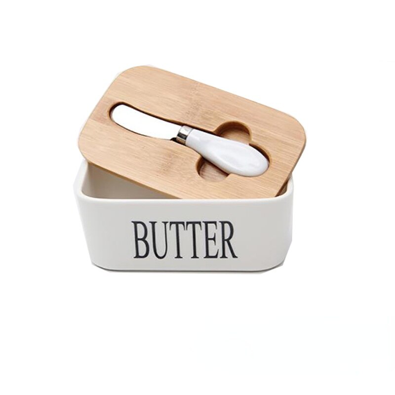 Ceramic Butter Dish Box with Butter Knife Bamboo W... Grandado