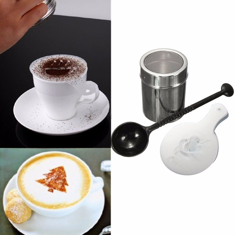 Stainless Steel Chocolate Shaker Duster + 16pcs Cappuccino Coffee Stencils + Measure Spoon Coffee Tea Tools