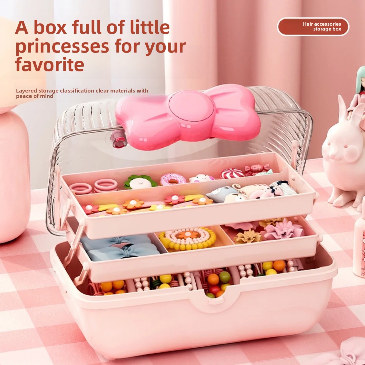 Large Capacity Hair Accessories Storage Box Transparent Cover Necklace Organizer Desktop Children's Hair Accessories Organizer