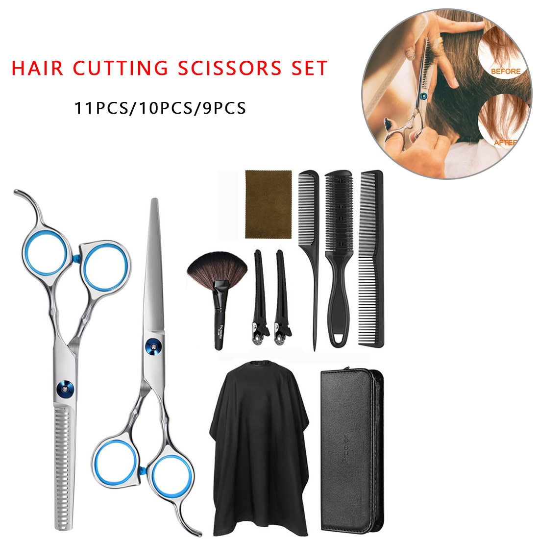 Hairdressing Scissors Kit 11pcs/10pcs/9pcs Hair Cutting Scissors Hair Scissors Tail Comb Hair Cape Cutter Comb