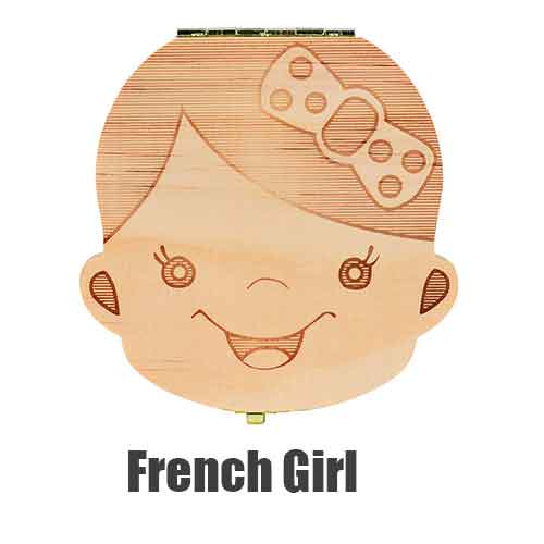 Tand Doos Portugue/Spaans/Engels/Nederlands/Frans/Russisch/Italiaans Hout Tand Doos Organizer Save melk Tanden Hout Opslag Tanden: French girl