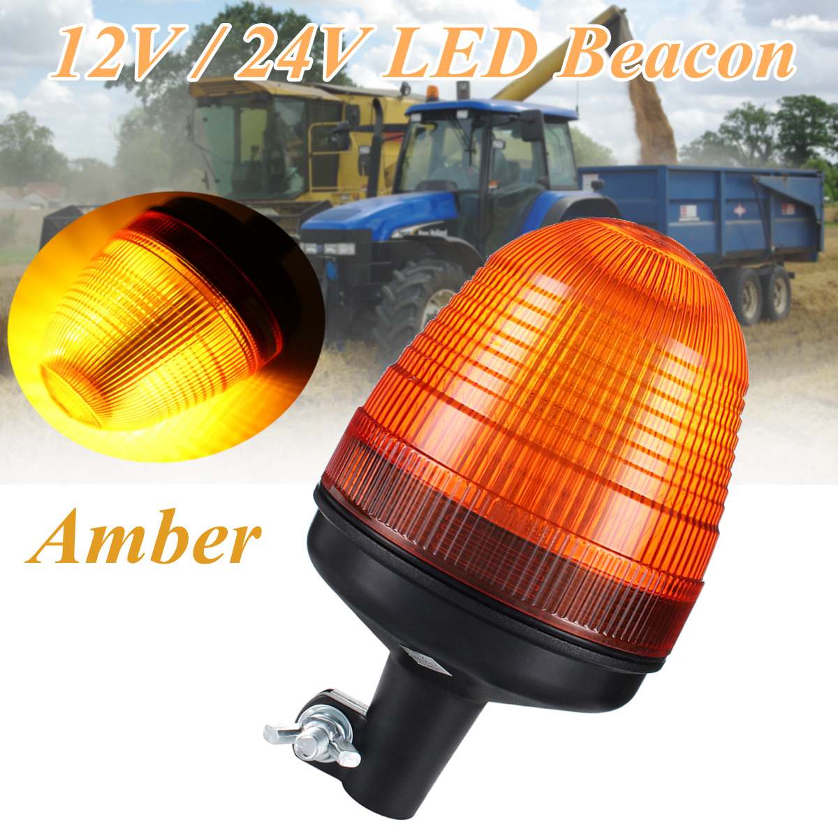12/24V 60 LED Rotating Flashing Light Amber Tractor Warning Beacon Pole
