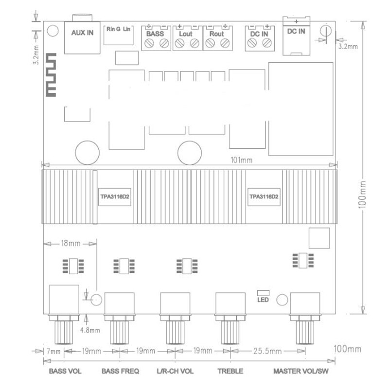 Bluetooth 5.0 TPA3116D2 Digital 2.1 Audio Amplifier Board 100W+50W+50W DC 12-24V