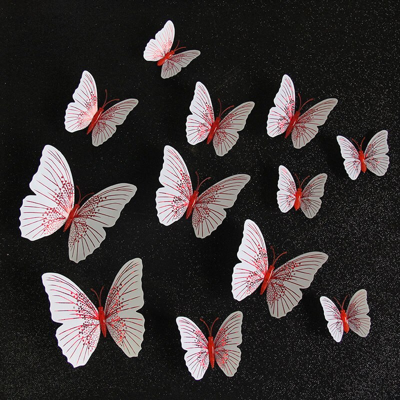 12 Stücke magnetisch 3D drei-dimensional Schmetterling Kühlschrank Mauer Aufkleber PVC dekorativ Zubehör Zimmer Dekoration: rot