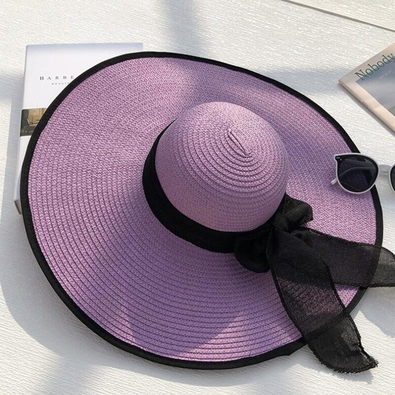 Zomer Panama Hoed Grote Rand Strooien Hoed Floppy Wide Brim Zon Hoeden Strik Strand Opvouwbare Hoeden Caps Voor Vrouwen Chapeu feminino: Purple