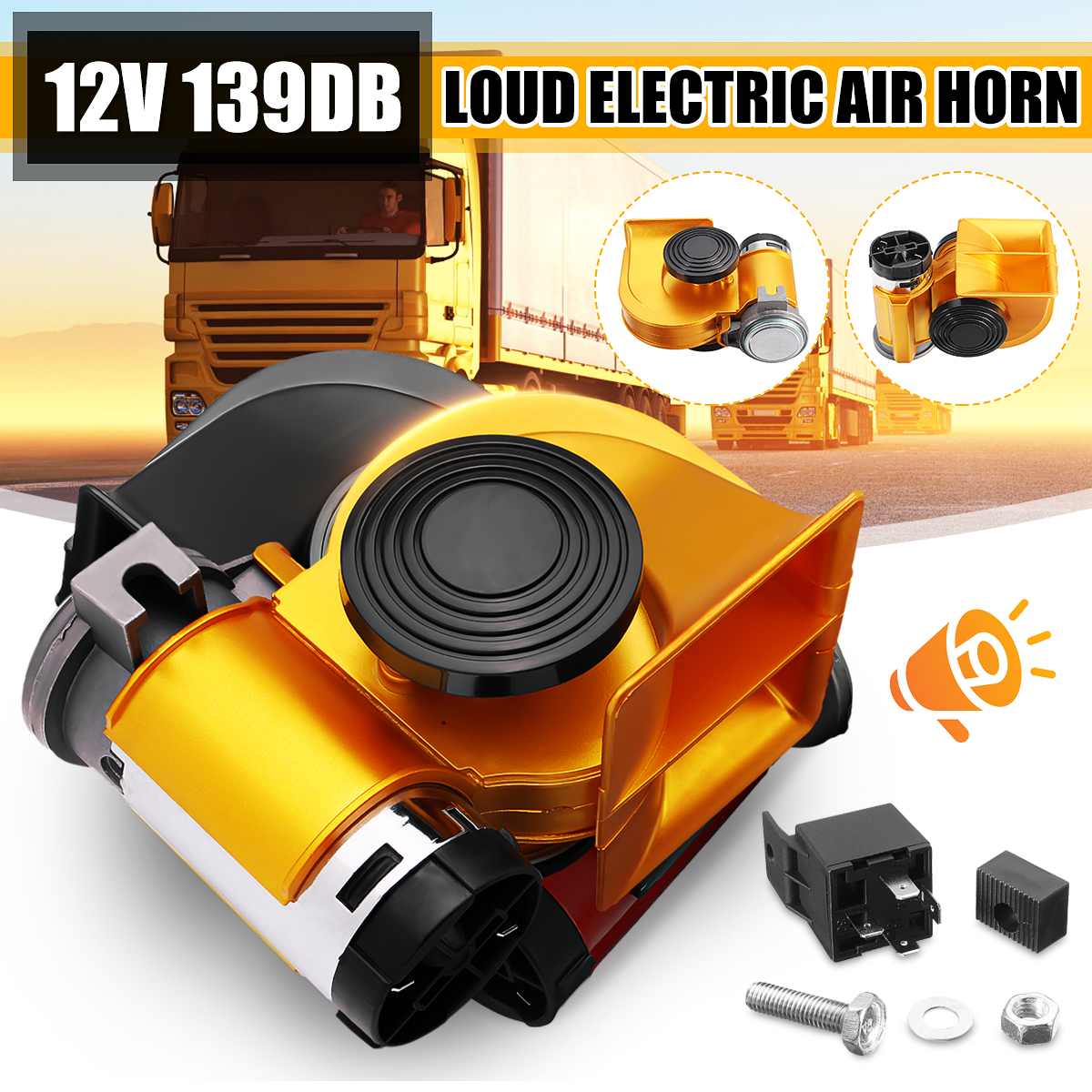 Auto Elektrische Slak Luchthoorn Twin Dual Tone Compact Car Air Horn 12V Loud 139db/300dB Compressor Voor truck Auto Bus Van Motorcycl: 12V gold