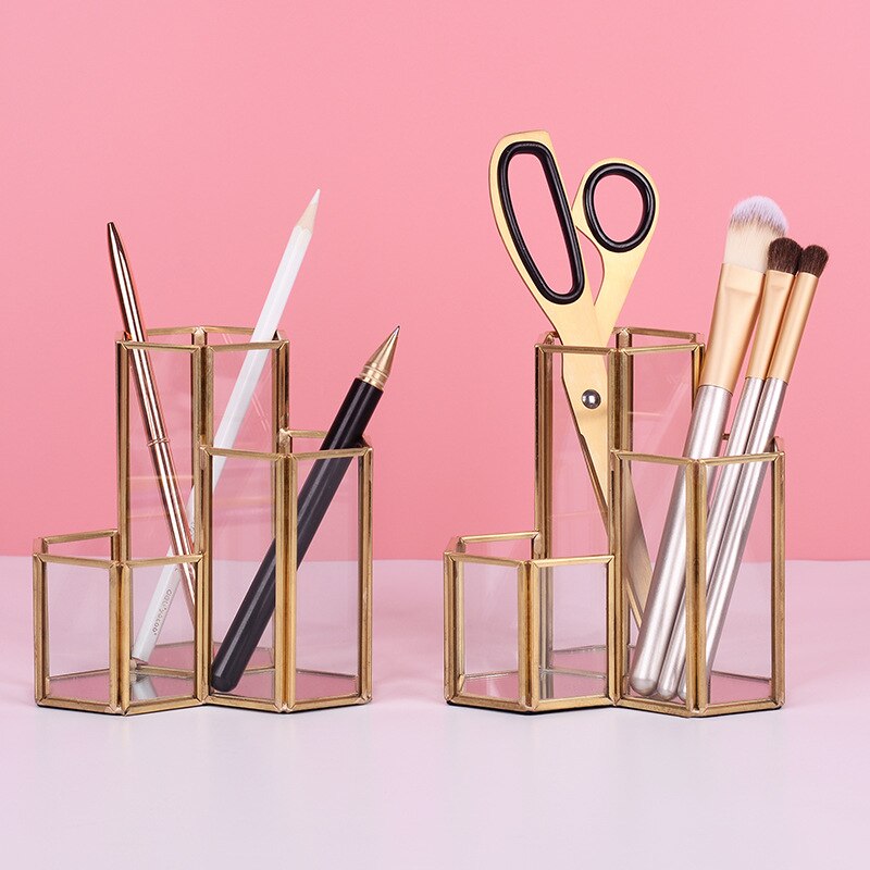 Glass Copper Hexagon Composite Pen Holder Makeup Brush Glass Box Multifunction Desktop Organizer Office Accessories