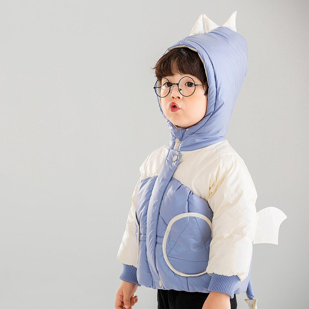 Winter Kleding Stijl Kinderen Katoenen Kleding Voor Jongens En Meisjes Leuke Dinosaurus Hooded Korte Gewatteerde Katoenen Kleding Voor kind: Blauw / 110cm