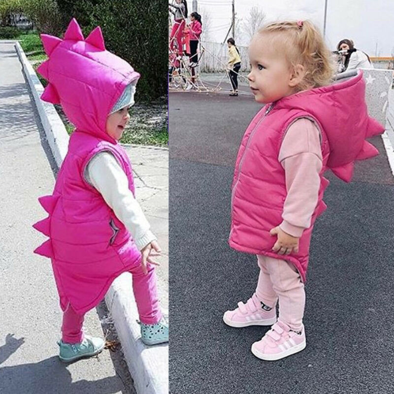 Princess Kids Baby Girl Autumn Winter Dinosaur Hooded Cotton-padded Sleeveless Vests Jacket Waistcoat Coat Outwear
