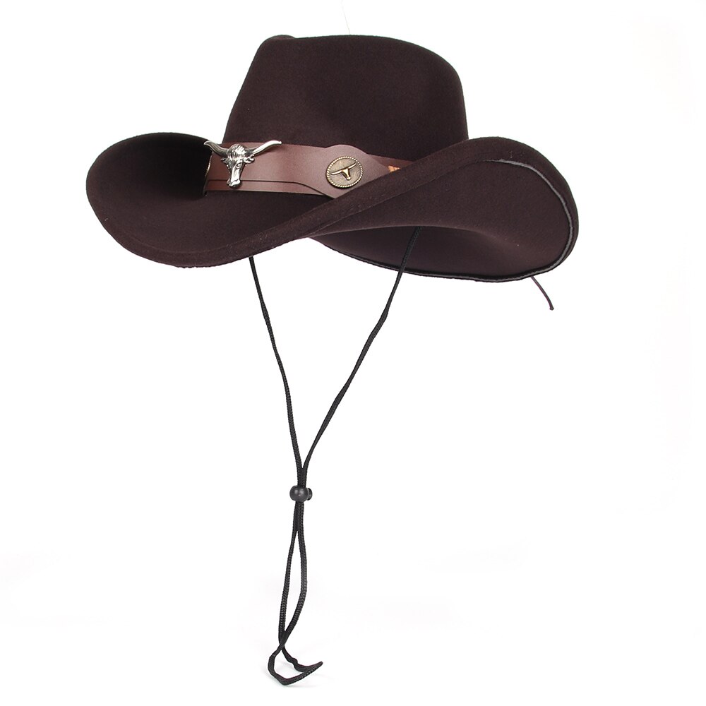 Cappello da cowboy occidentale da donna in lana da uomo con cappello da cowgirl jazz a tesa arrotolata con cintura a testa di toro cappello da sombrero fedora Chiesa: caffè