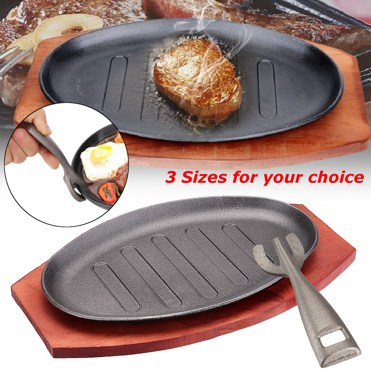 Cast Iron Steak Fajita Sizzling Platter Plate BBQ Grill Pan Cooking Wooden Holder