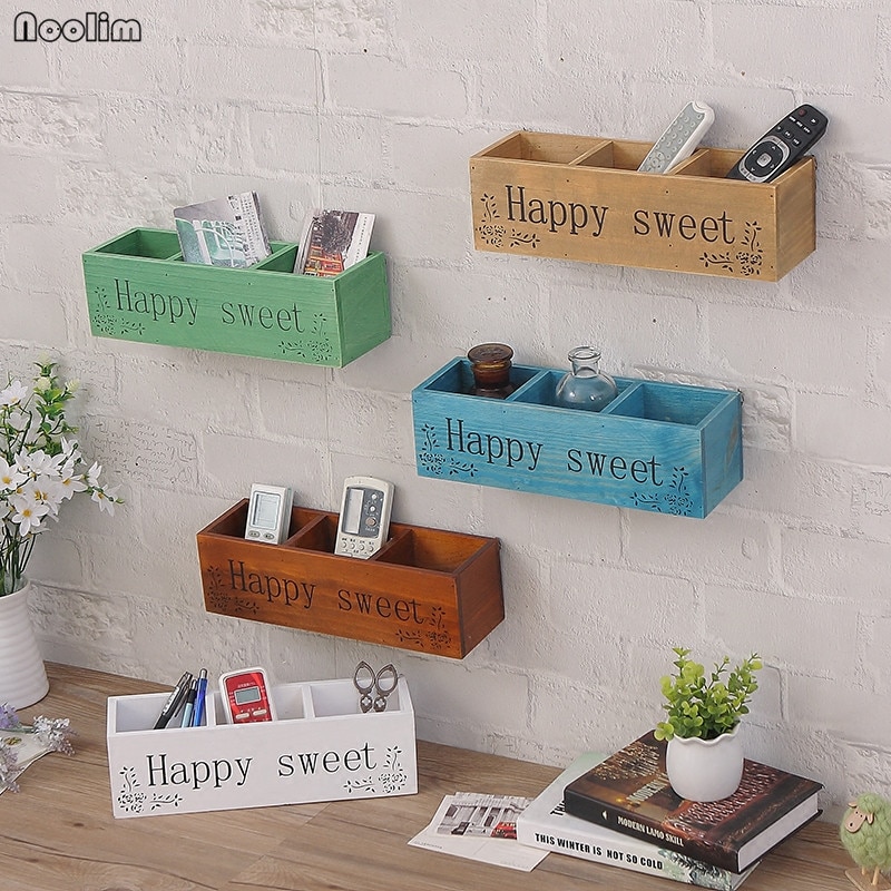NOOLIM Retro Solid Wood TV Remote Control Storage Rack Sundries Storage Box Living Room Multi-grid Wall Hanging Wooden Holder