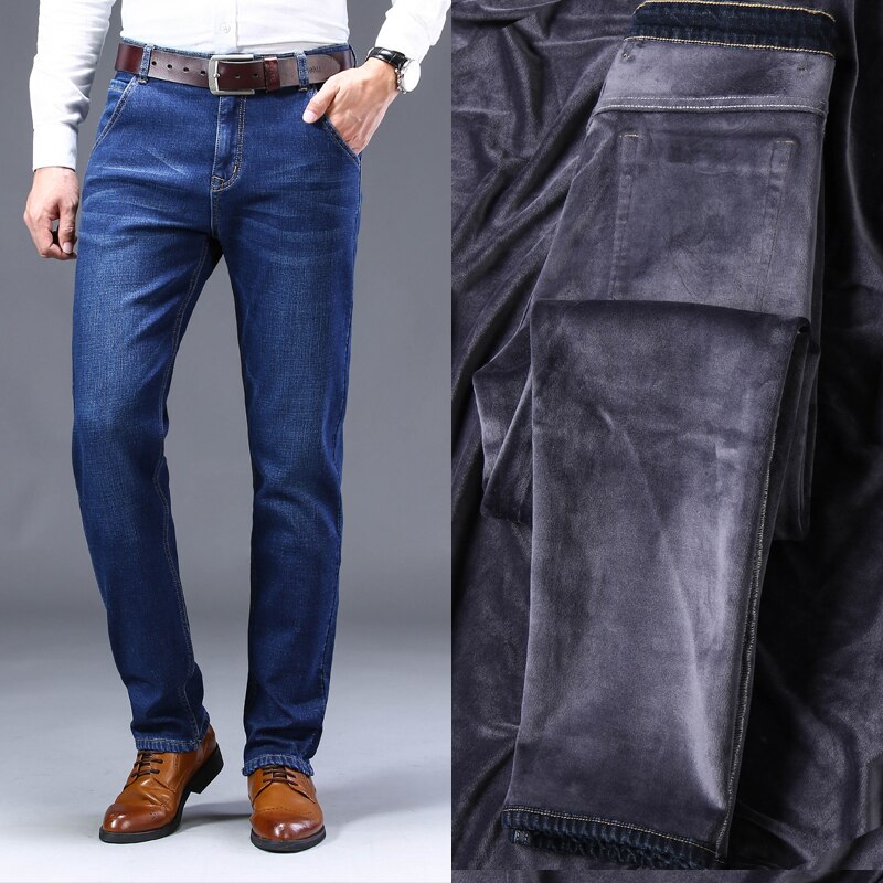 Dikke fluwelen broek warme jeans casual fleece broek heren winter overgewicht jeans blauw zwart regular fit stretch
