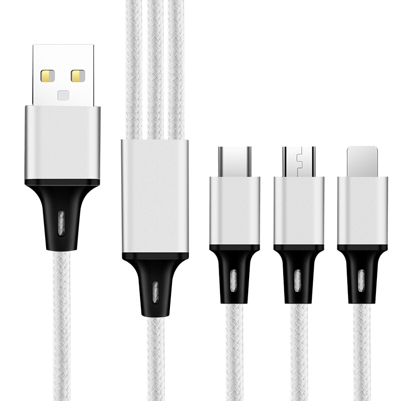 3 in1 2.4A USB Type C Fast Charging Data Cable One For Three Apply To Android Apple Type-C Smartphone 1.2m Nylon Braided Wire: A-WHITE