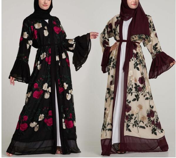 Muslim Embroidery Floral Abaya Long Dresses Flare Sleeve Cardigan Kimono Long Robe Tunic Middle East Ramadan Arab