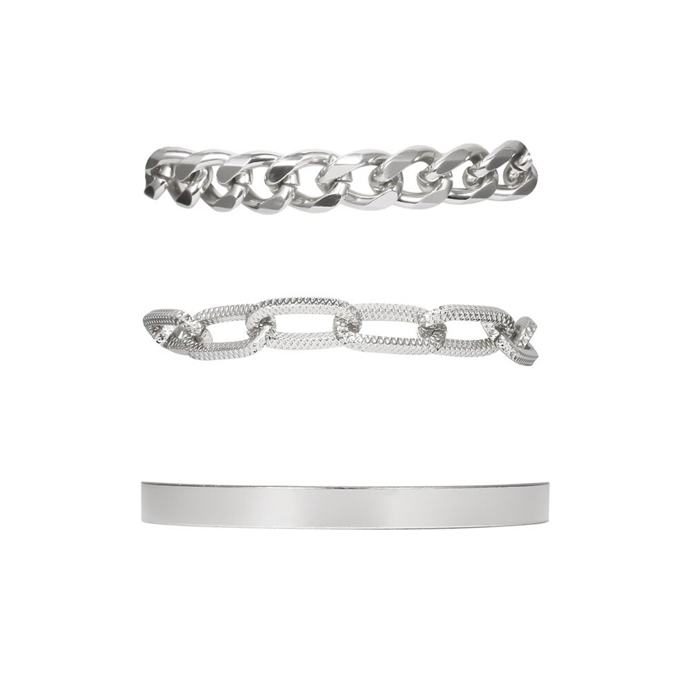 3 Stks/partij Chunky Ketting Legering Brangle Armband Voor Vrouwen Gouden Pols Ketting Armbanden Set Vrouwelijke Boho Verklaring Armband Sieraden: Silver