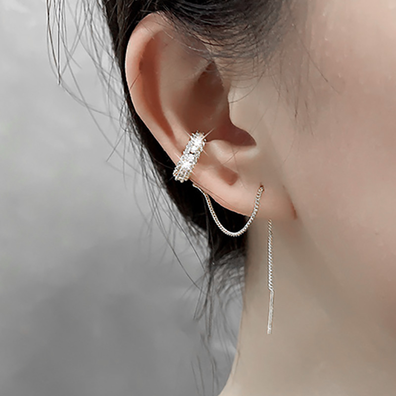 Pendiente de cadena de borla larga para mujer, Clip de oreja Y2k sin agujero, cartílago Orbital Kpop, manguito de oreja sin Piercing, joyería INS, 1PC