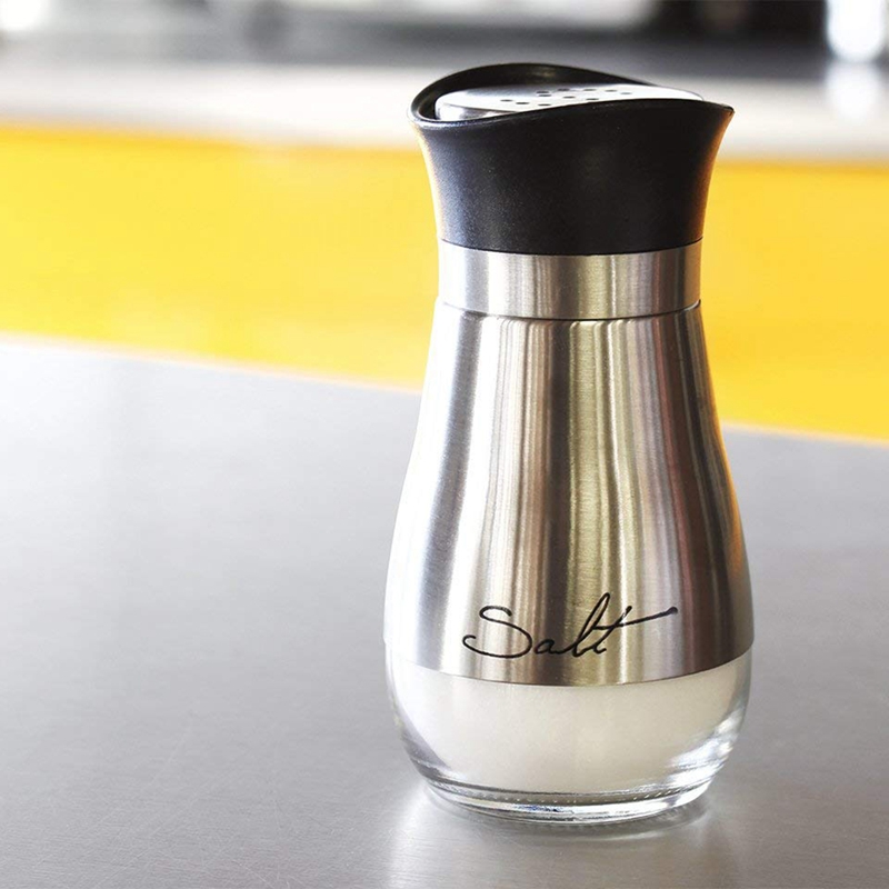 Salt og peber shakers sæt - rustfrit stål af høj kvalitet med glasbund og 4 tommer stativ  - 4 tommer  x 6 tommer  x 2 tommer , 4 oz.
