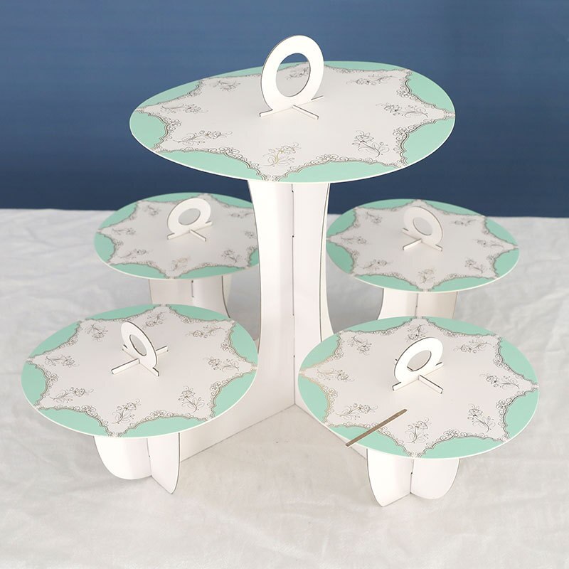5 Plate Cardboard Afternoon Tea Cupcake Cake Stand Birthday Party Dessert Display Stand Pastry Serving Platter for Party Decor: Light Green