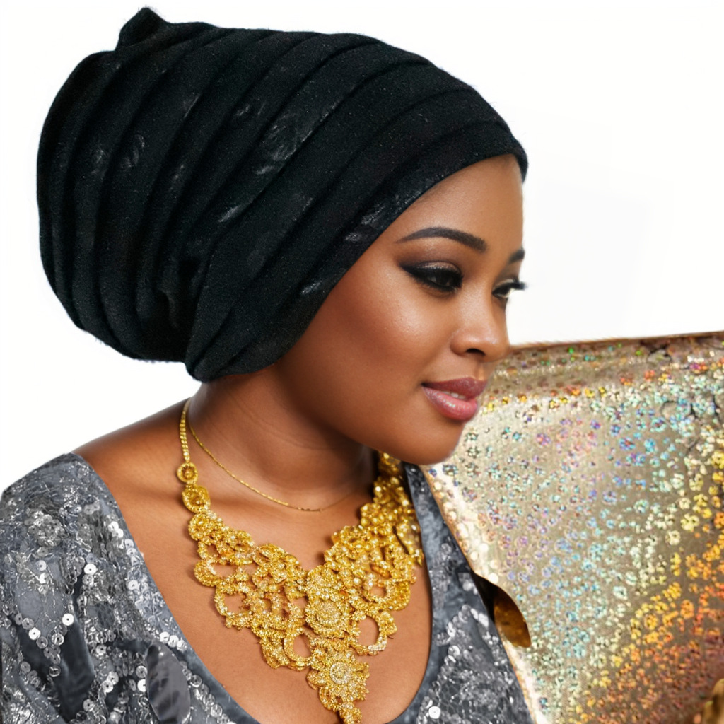 Gorro de Turbante plisado de cuerpo completo con purpurina para Mujer, envolturas para la cabeza para Mujer, pañuelo musulmán, sombrero, Turbante para Mujer, tocado africano: Gris