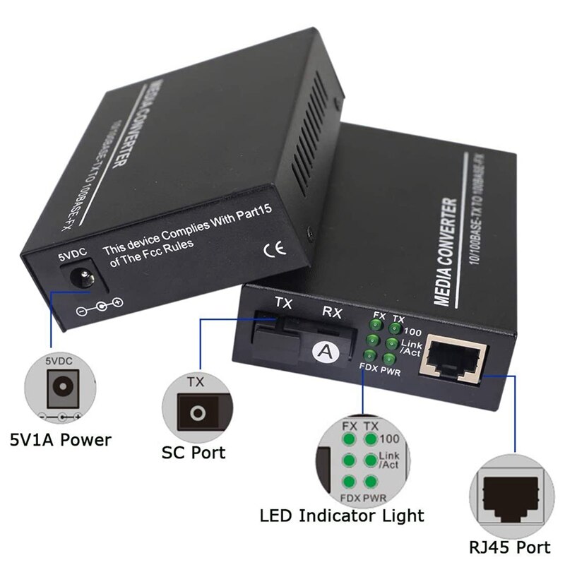 Fiber Ethernet Media Converter,Single-Mode 10/100Base-TX to 100Base-FX, RJ45 to SC, Fiber Transceiver Up to 25KM(1 Pair)