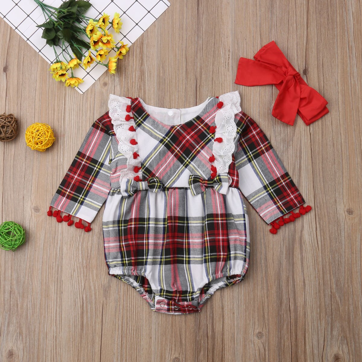 Cute Toddler Infant Baby Girls Boys Plaid Lace Long Sleeve Romper Bodysuit Jumpsuit Xmas Outfits Clothes 0-24M