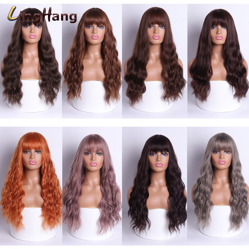 LING HÄNGEN Lange Wellig frauen Perücke 24-Zoll Synthetische Braun Haar Mit Pony Natürliche Wellenförmige Hohe Temperatur Faser perücke