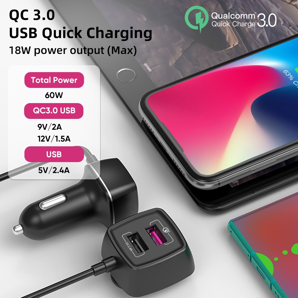 Deelife autolaturi usb pikalataus 3.0 qc 60w 4 portti nopea etu takapenkille takapenkille autojen lataussovitin matkapuhelimelle