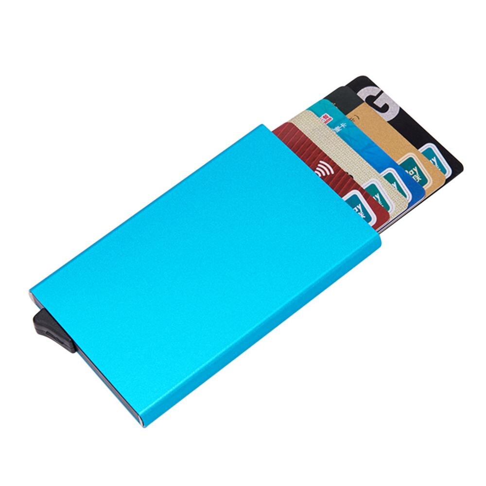 Hoogwaardige Aluminiumoxide Effen Kleur Automatische Pop-Up Anti-Diefstal Bankkaart doos Waterdichte ID Card Wallet glanzende Metalen Kaarthouder Doos $ D: Blue