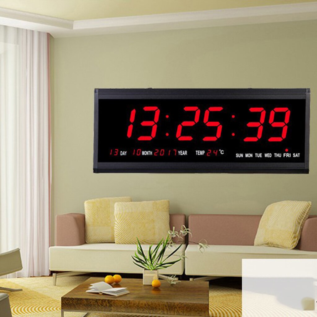 Reloj de pared Digital con pantalla LED de 17 pulgadas, calendario de hora con termómetro para interiores, pantalla de 24H, días/mes/año de la UE