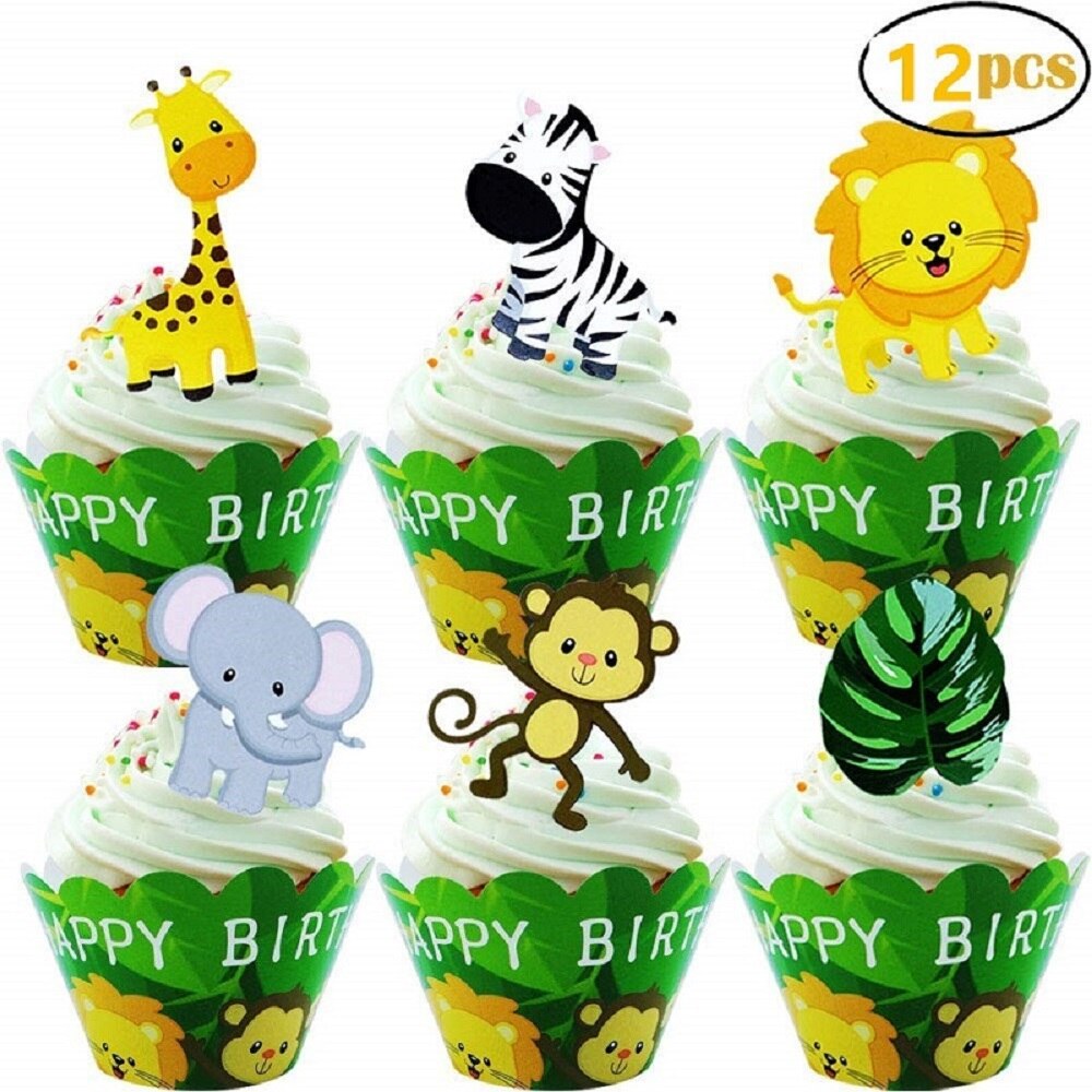 Décoration de Cupcake Safari dans la Jungle, bannière de joyeux anniversaire, drapeaux de gâteau d&#39;animaux pour fête d&#39;anniversaire, fournitures de pour enfants garçons: 12pcs cake wrapper