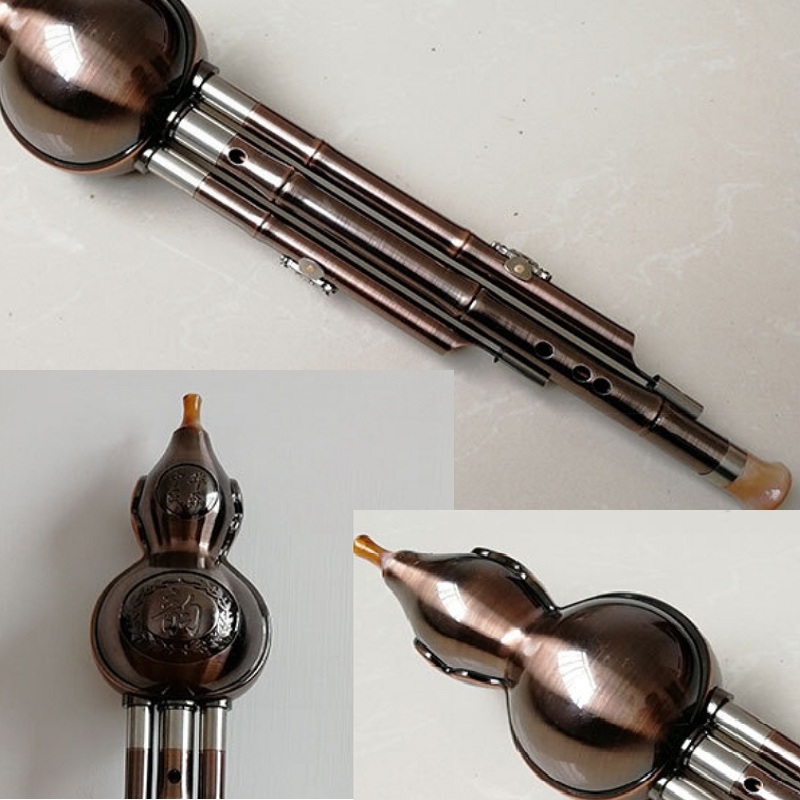 Chinese Handmade Hulusi copper plating metal Gourd Cucurbit Flute Ethnic Musical Instrument C Key for Beginner Music Lovers