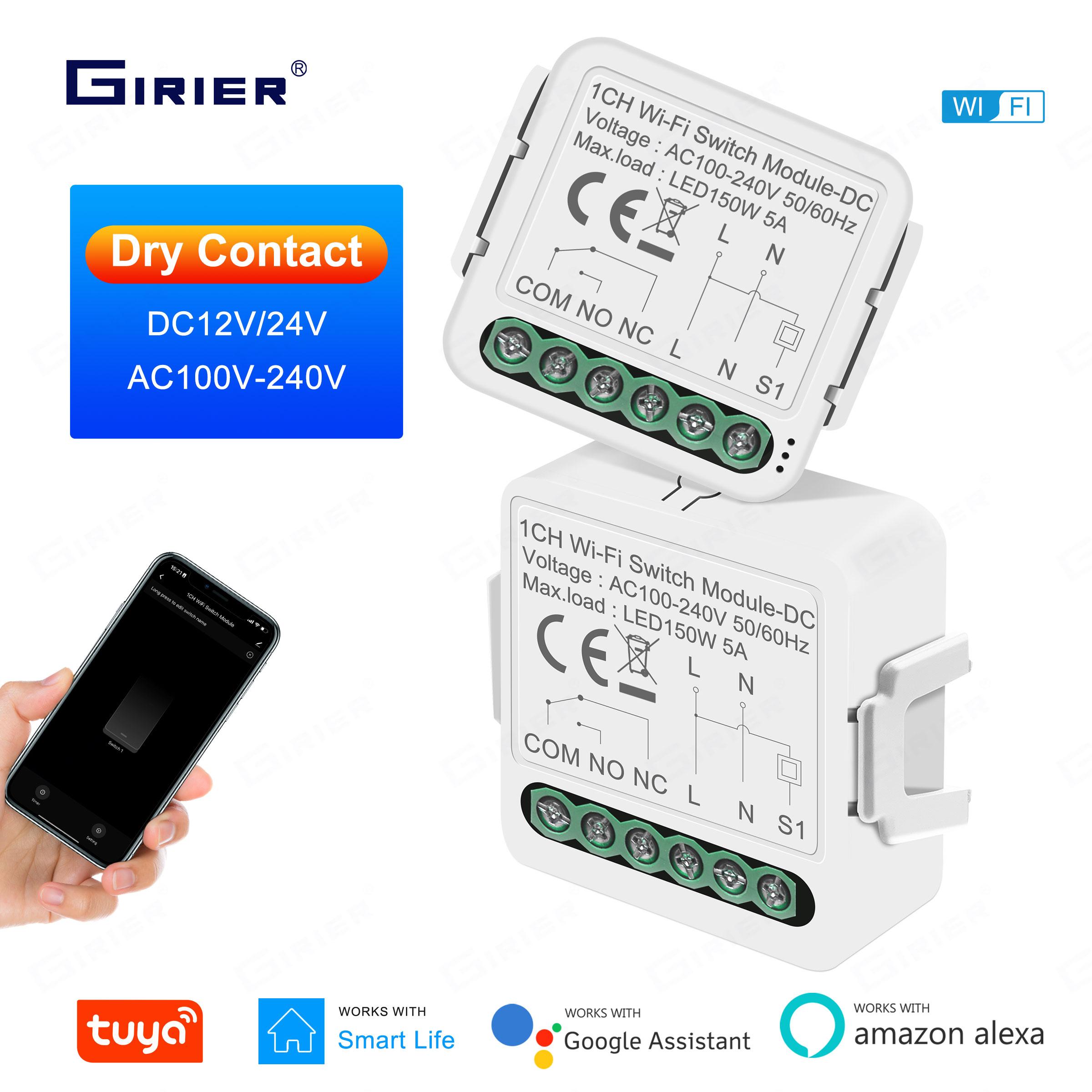 GIRIER Smart Dry Contact WiFi Switch Module Smart Home DIY Breaker Relay DC 12/24V AC 100-240V Kompatybilny z Alexa Google Home