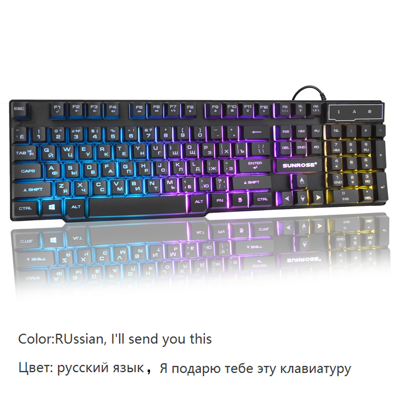 Sunrose Russian / English 3 Color Backlight Gaming Keyboard Teclado Gamer Floating LED Backlit USB Similar Mechanical Feel
