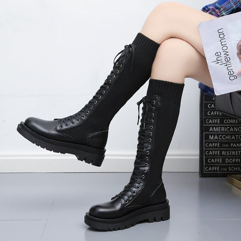Herfst dames zwarte platform lange laarzen kruisgeknoopt patchwork schoenen elastische gebreide kniehoge laarzen dames